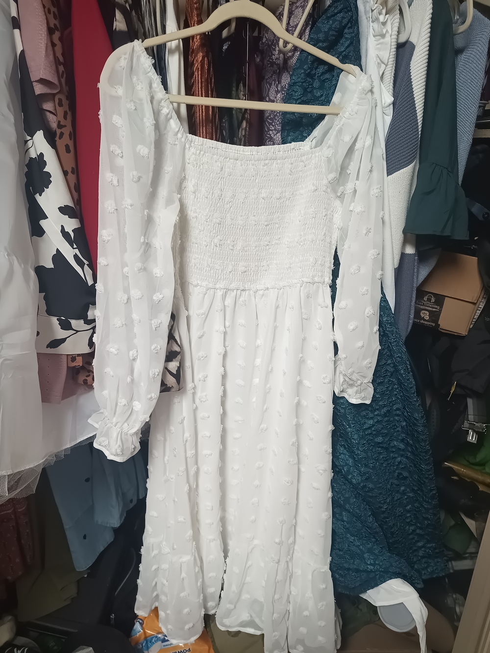 Simple White Swiss Dot Smocked Midi Dress